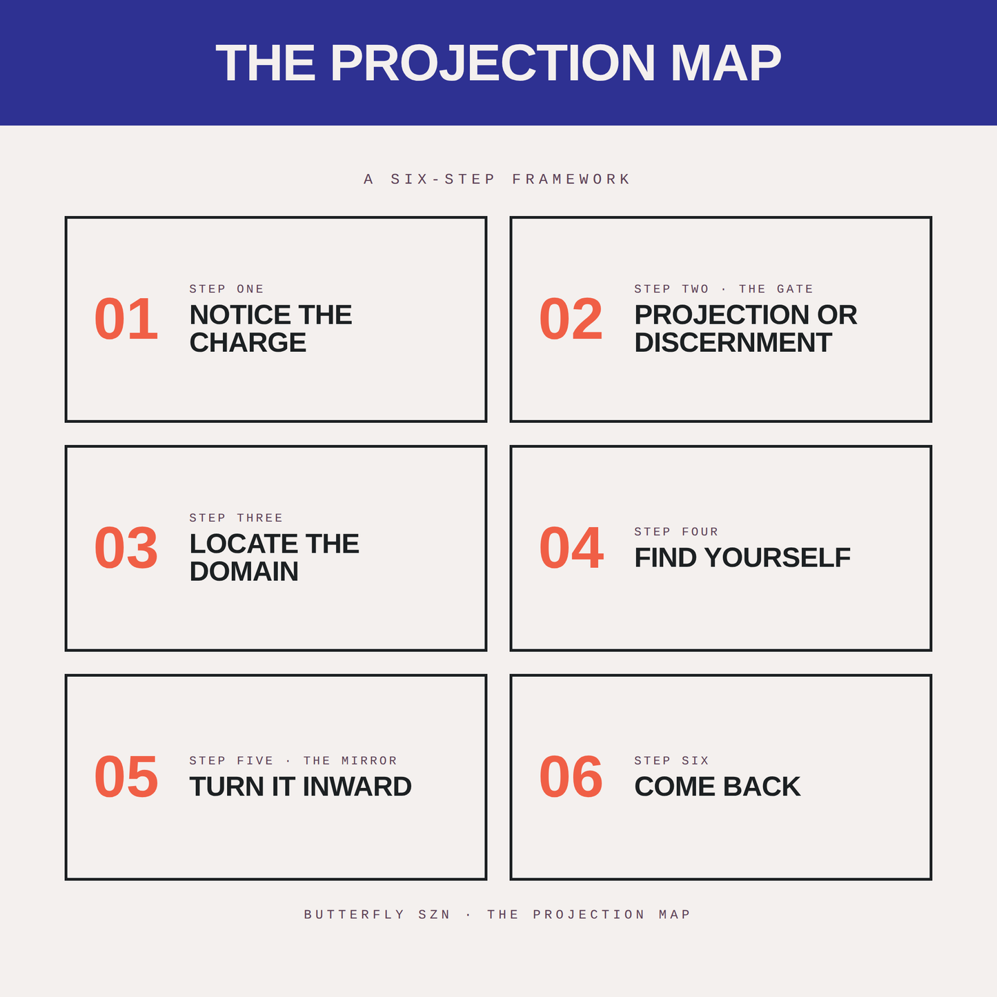 The six steps of The Projection Map: Notice the Charge, The Gate, Locate the Domain, Find Yourself, Turn It Inward, Come Back to Yourself.