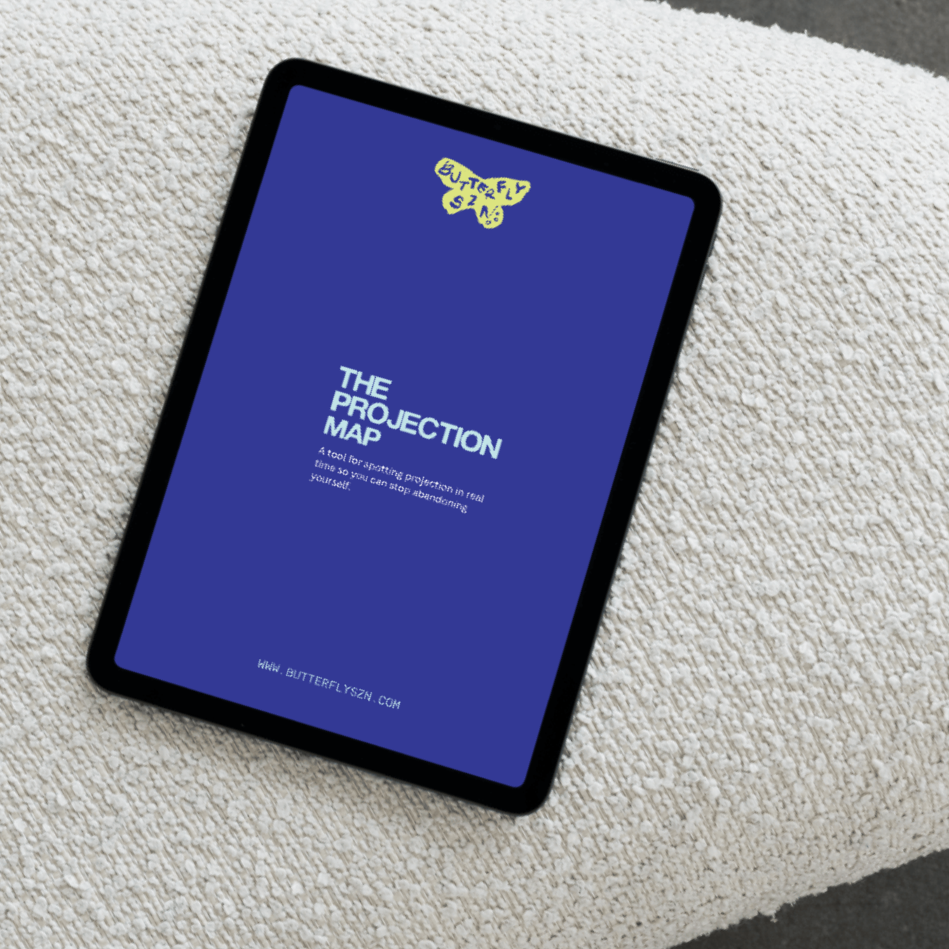 The Projection Map digital guide cover on iPad, a self-worth tool from Butterfly SZN for spotting projection in real time.